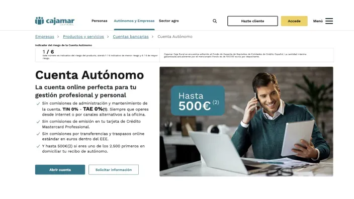 Web de Cajamar con oferta de Cuenta Autónomo online sin comisiones y bonificación de hasta quinientos euros para profesionales.