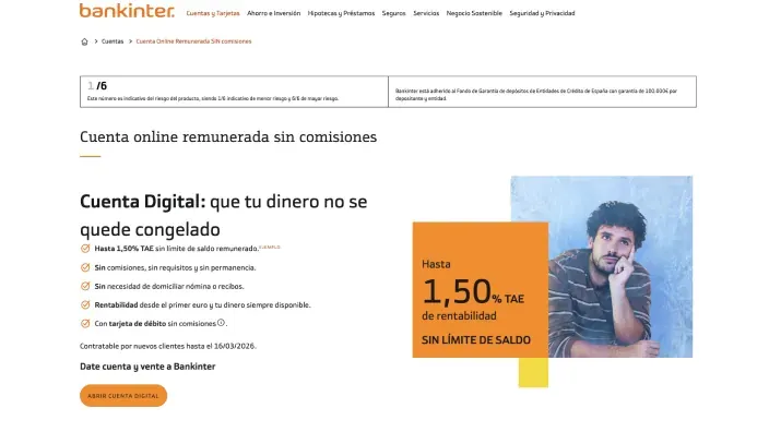Web de Bankinter con cuenta digital remunerada al uno con cincuenta por ciento TAE sin comisiones ni límite de saldo.