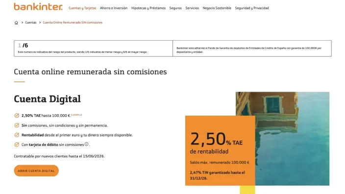 Cuenta Digital de Bankinter: cuenta online remunerada al 2,50% TAE sin comisiones para nuevos clientes.