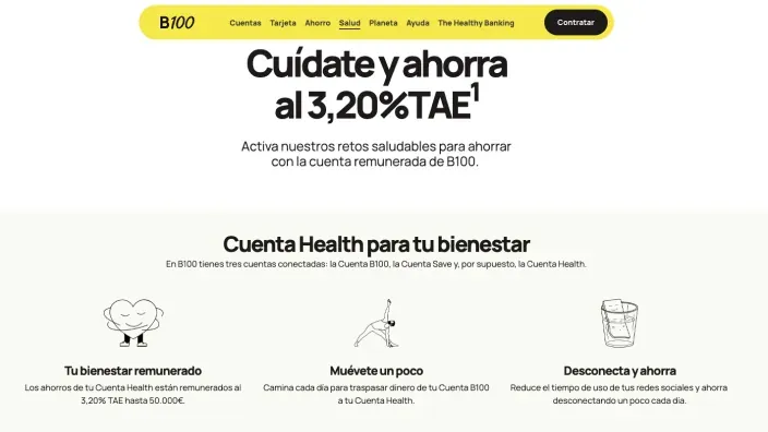 Cuenta Health de B100 con remuneración al 3,20% TAE y retos saludables en app móvil.