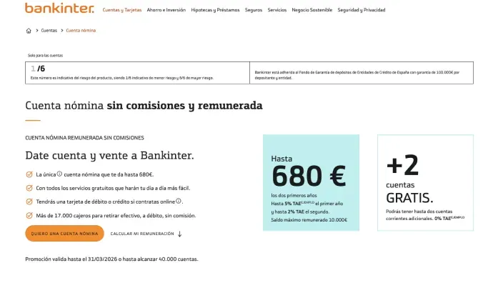 Cuenta nómina Bankinter sin comisiones y remunerada con beneficios de hasta seiscientos ochenta euros.
