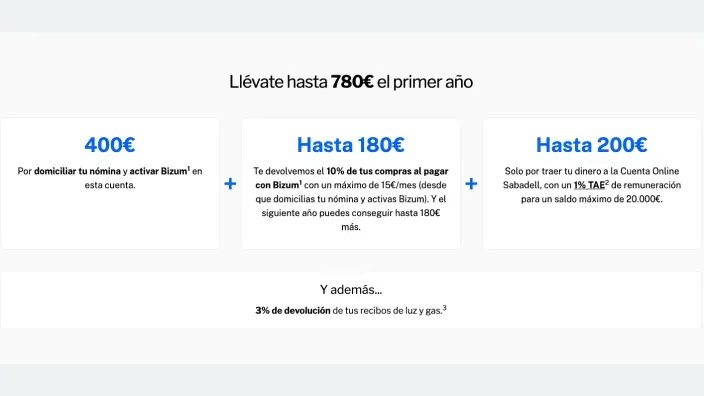 Promoción bancaria con incentivos de hasta 780 euros el primer año por domiciliar nómina, usar Bizum y traer saldo a una cuenta online.