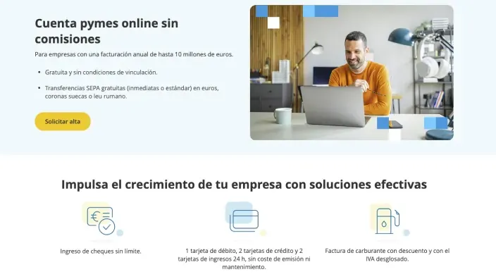 Captura de la web de CaixaBank con la oferta de cuenta online sin comisiones para pymes y empresas.