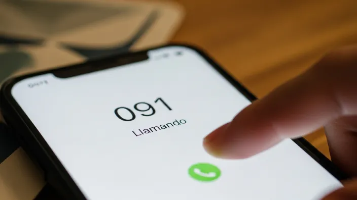 Dedo a punto de colgar una llamada al 091, el teléfono de la Policía Nacional, en la pantalla de un smartphone.