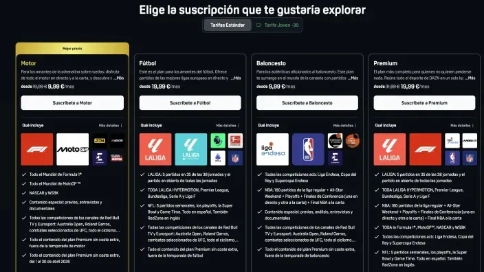 Planes de suscripción de DAZN para motor fútbol y baloncesto con precios para disfrutar del deporte en streaming.