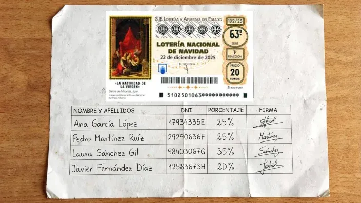 Modelo de documento firmado para compartir décimo de Lotería de Navidad con nombres y porcentajes.