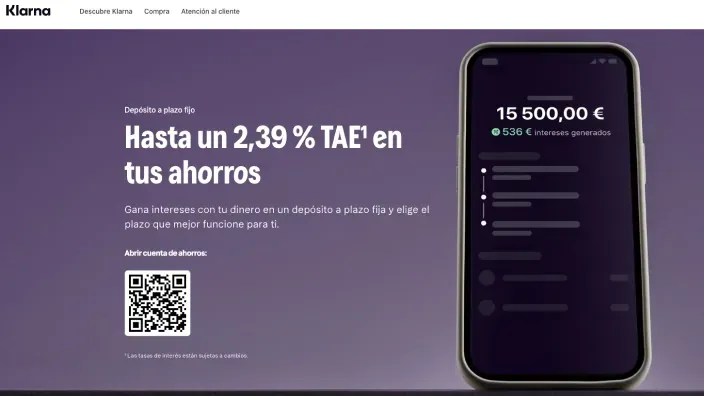 Oferta web de depósito a plazo fijo de Klarna al 2,39% TAE con código QR para contratar.