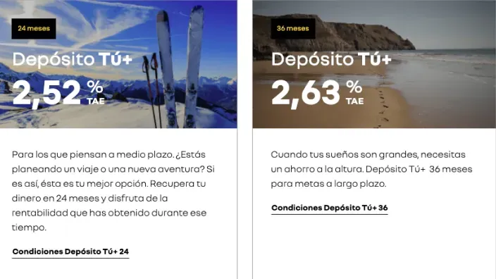 Comparativa de depósitos bancarios con rentabilidad y plazos de 24 y 36 meses