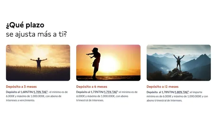 Comparativa de depósitos bancarios Sel Bank a 3, 6 y 12 meses con rentabilidad hasta el 1,80% TAE y condiciones de plazo fijo.