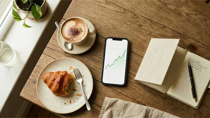 Mesa de madera con croissant, café cappuccino, móvil mostrando gráfica de inversión al alza y libreta abierta