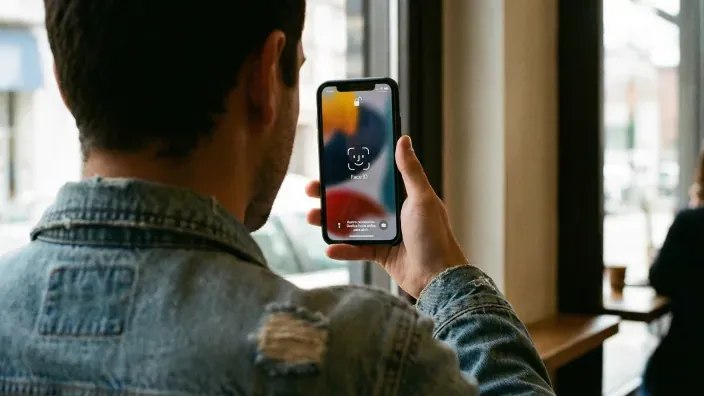 Hombre desbloqueando su iPhone mediante reconocimiento facial Face ID en una cafetería.