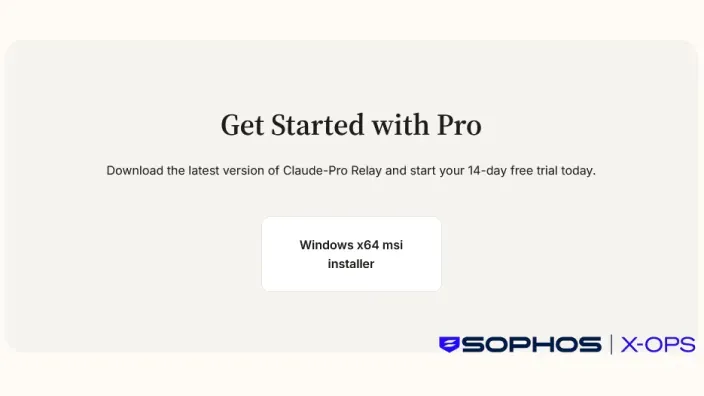 Instalador malicioso msi de Claude-Pro Relay para Windows detectado en campaña de phishing por Sophos X-OPS.
