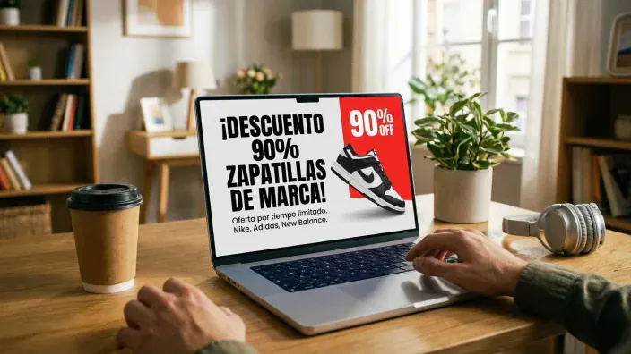 Usuario viendo oferta de zapatillas de marca con 90% de descuento en la pantalla del portátil.