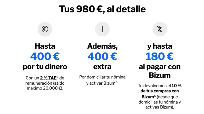 Detalle del ahorro de 980€: hasta 400€ con 2% TAE por tu dinero, 400€ extra por nómina y hasta 180€ por compras con Bizum.