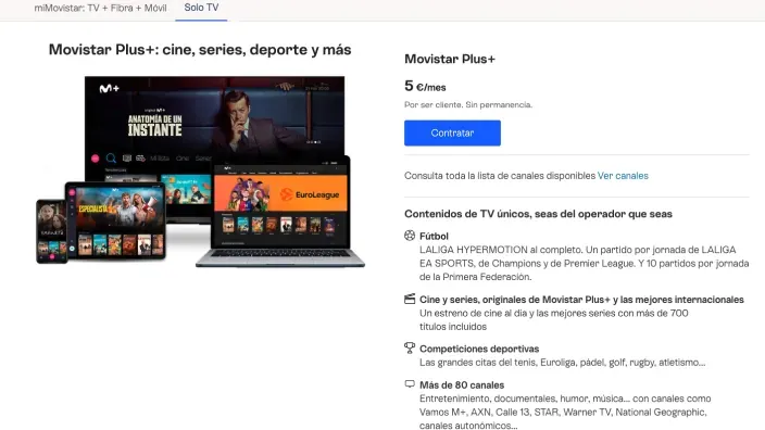 Web de Movistar Plus+. Contrata cine, series y deportes por 5€/mes y disfruta en todos tus dispositivos sin permanencia.