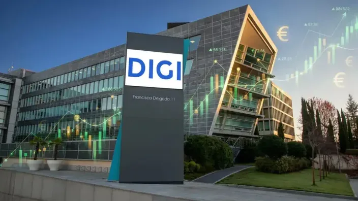 Sede de DIGI con gráficas bursátiles y símbolos de euro para representar sus resultados financieros en España.