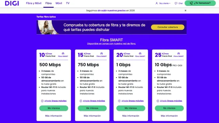 Tarifas de Fibra SMART de DIGI: planes desde 500 Mbps hasta 10 Gbps con router Wi-Fi 6 y 50 GB en la nube.