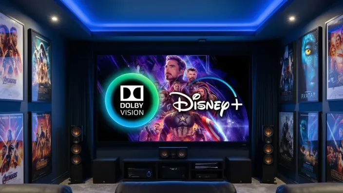 Sala de cine en casa con Disney Plus y Dolby Vision para disfrutar de películas en streaming con la mejor calidad de imagen.