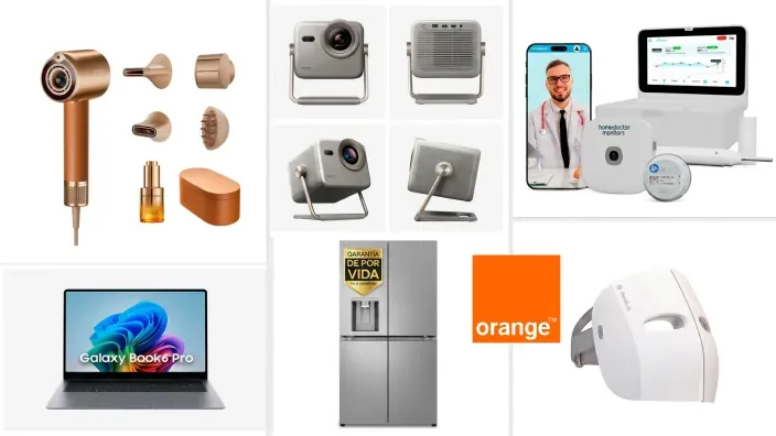 Collage de productos de Orange Todo Days: Galaxy Book6 Pro, secador, proyector, frigorífico y servicios de telemedicina.