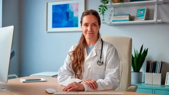 Doctora sentada en su consulta médica, con bata blanca y estetoscopio, atendiendo desde un escritorio