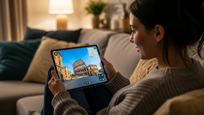 Mujer en su sofá haciendo un tour virtual del Coliseo de Roma en una tablet para planificar sus vacaciones