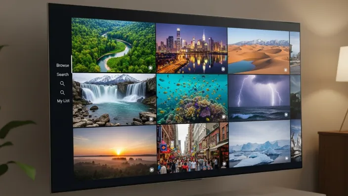 Pantalla de TV mostrando una plataforma de streaming con documentales de viajes: selvas, ciudades, desiertos, cascadas y el mar