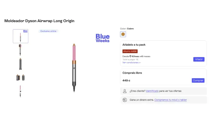 Página de compra del moldeador de pelo Dyson Airwrap Long Origin. Oferta de las Blue Weeks en tecnología de belleza.