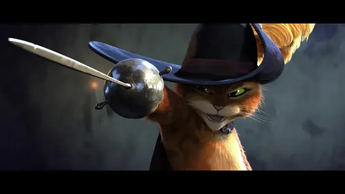 El Gato con Botas en una icónica escena de duelo de la película de animación del mismo título.