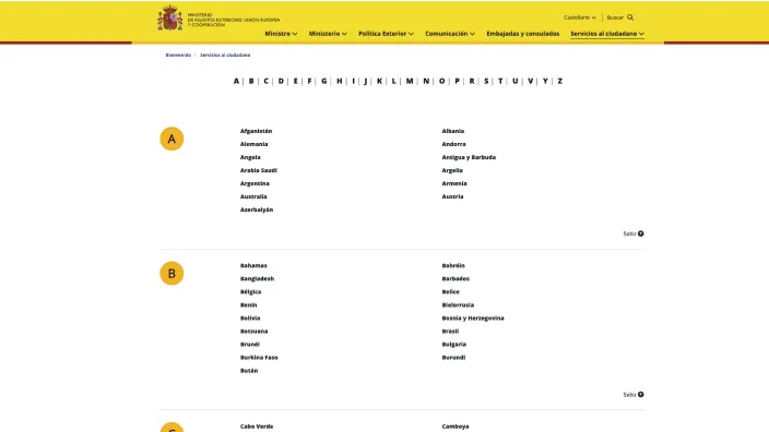 Página web del Ministerio de Exteriores con el listado alfabético de países para encontrar embajadas y consulados en el extranjero.