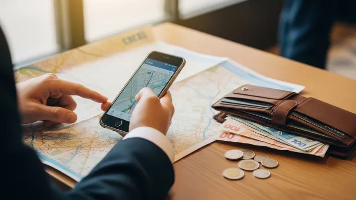 Persona planificando el presupuesto de un viaje con un mapa, móvil y dinero en efectivo sobre la mesa.