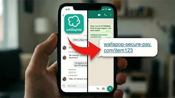 Aviso de estafa en Wallapop: redirección de mensaje oficial a enlace de pago falso en WhatsApp.
