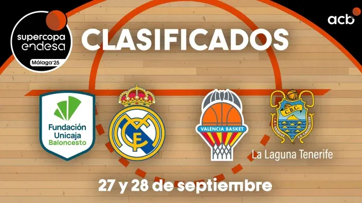 Escudos de Unicaja, Real Madrid, Valencia Basket y La Laguna Tenerife clasificados para la Supercopa Endesa 2025.