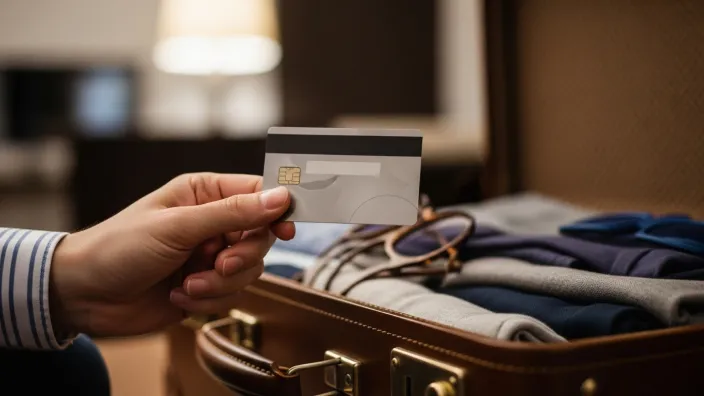 Hombre sujetando una tarjeta de crédito delante de una maleta de viaje abierta con ropa, preparándose para sus vacaciones