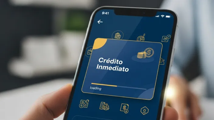Primer plano de un móvil solicitando un crédito inmediato a través de una aplicación financiera con una barra de carga en progreso