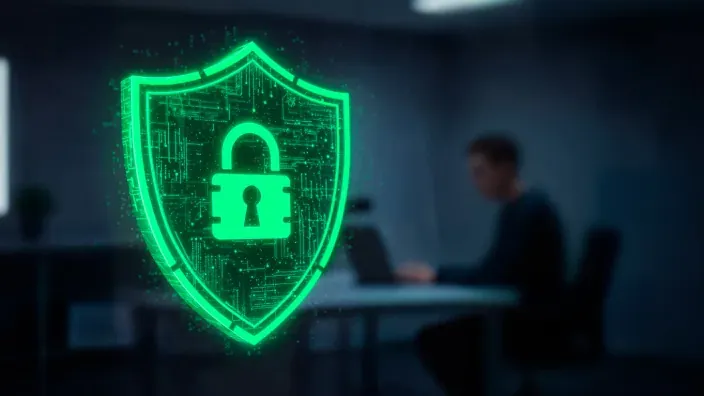 Escudo digital de ciberseguridad con un candado frente a una persona desenfocada usando un portátil