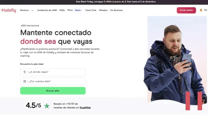Web de Holafly eSIM internacional para viajeros con datos ilimitados y valoración TrustPilot.