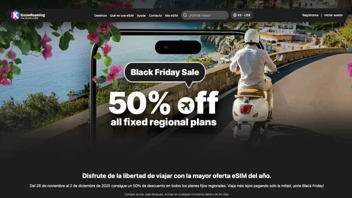 Rebajas Black Friday KnowRoaming con 50% de descuento en planes regionales de eSIM.
