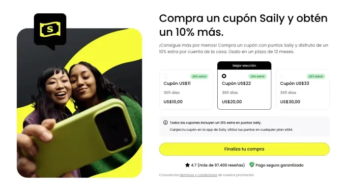 Promoción app Saily compra un cupón y obtén 10% extra de saldo para datos móviles eSIM.