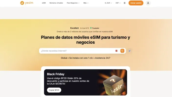 Descuento Black Friday Yesim del 20% en planes de datos eSIM con código promocional BF25.
