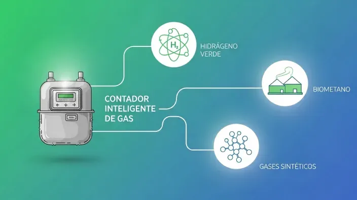 Infografía de un contador de gas inteligente preparado para el futuro, compatible con gases renovables como el hidrógeno verde.