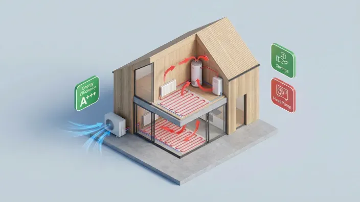 Aerotermia en el hogar: esquema de calefacción eficiente con etiqueta A+++. Ahorro energético y confort.