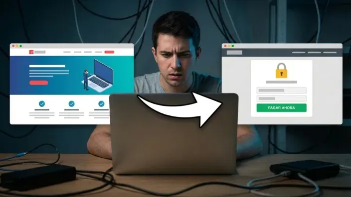 Usuario siendo redirigido desde web liegítima a página de pago fraudulenta en su portátil.