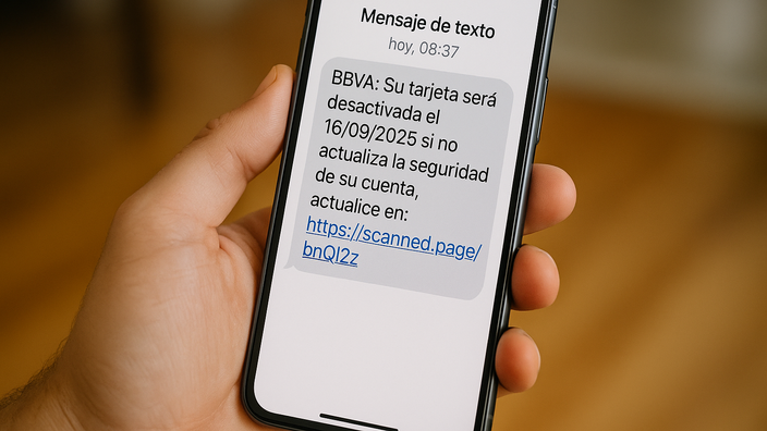 Ejemplo de estafa de smishing: un SMS falso de BBVA amenaza con desactivar una tarjeta y pide pulsar un enlace fraudulento.