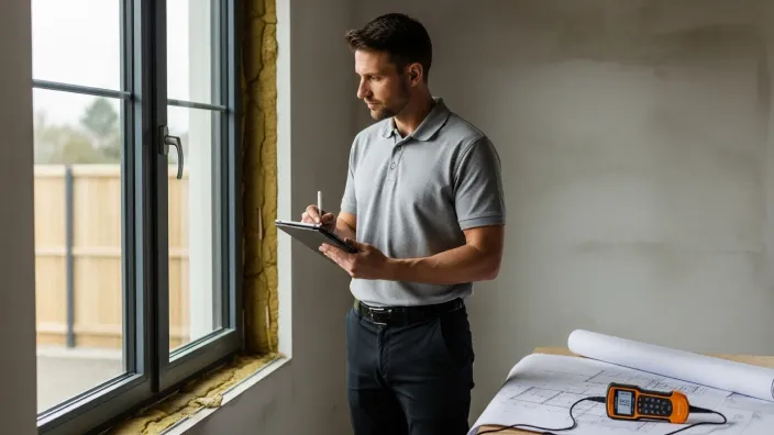 Técnico realizando la inspección energética de una vivienda con una tablet y planos.