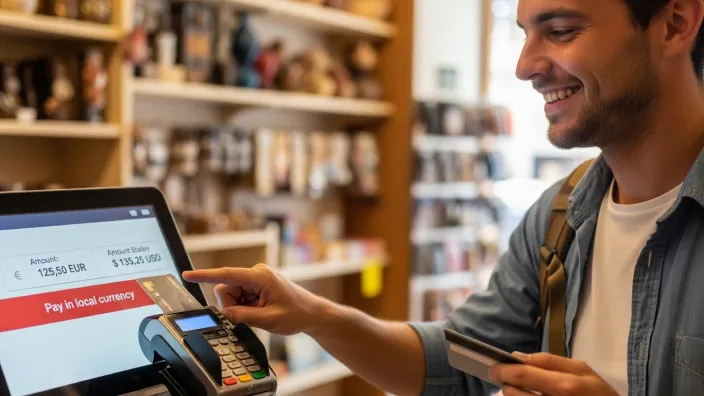 Turista sonriendo al pagar una compra con tarjeta de crédito en el extranjero, eligiendo la divisa local en el TPV.
