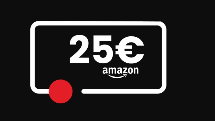 Icono de una tarjeta regalo de Amazon por valor de 25 euros sobre un fondo negro.