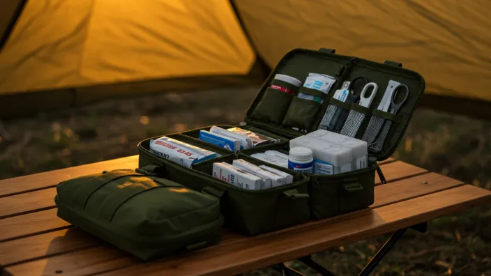 Botiquín completo de primeros auxilios para emergencias en campamento de verano.