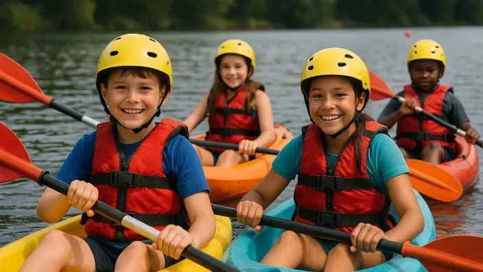 Niños con chaleco y casco disfrutan de actividad de kayak en campamento de verano.