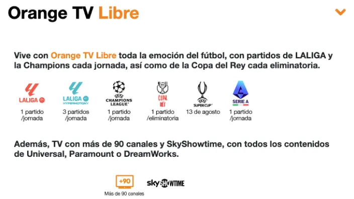 Anuncio de Orange TV Libre que ofrece partidos de LaLiga, Champions y más fútbol, además de 90 canales y SkyShowtime.