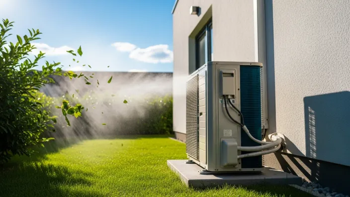 Unidad exterior de un sistema de aire acondicionado instalada en el jardín de una casa en un día soleado.